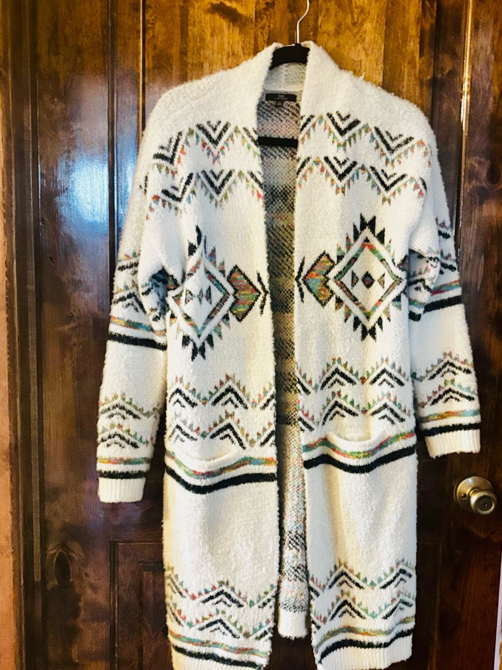 My Michelle Ivory Aztec-Pattern Open Cardigan with Multicolor Accents